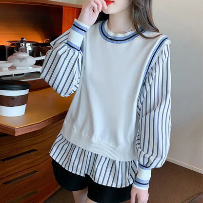 Autumn Preppy Style Patchwork O-neck Fake Two Pieces Top Tee Female Casual Striped Long Sleeve Sweatshirts Women Clothes Tshirt