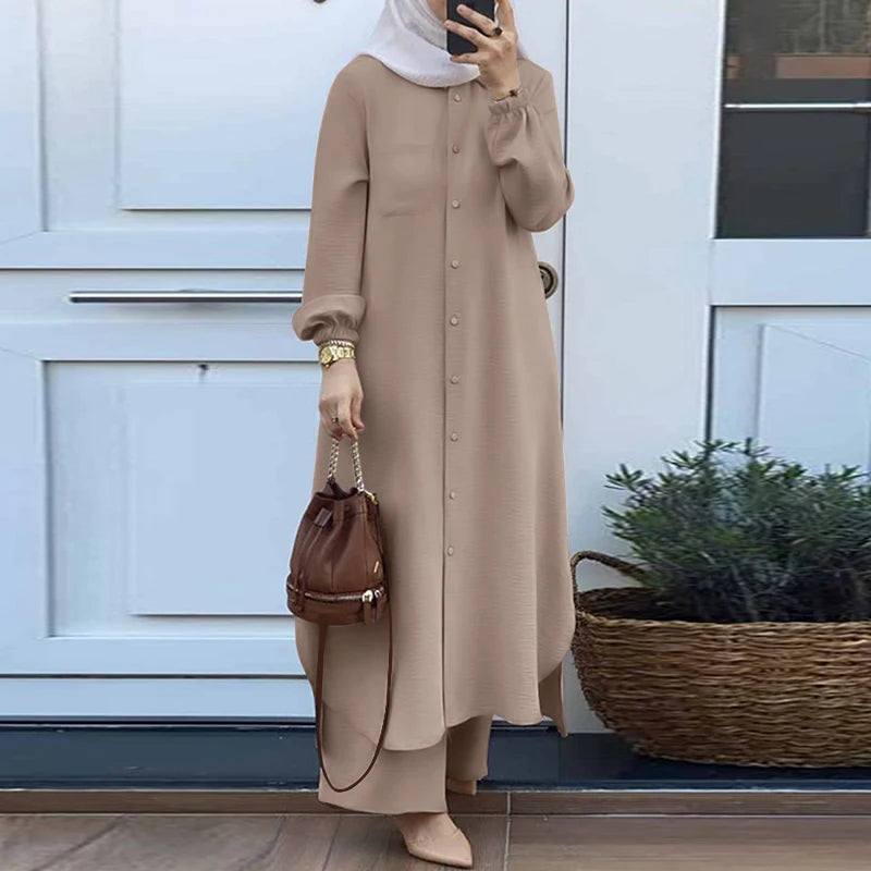ZANZEA Herbst Muslimischen Sets Türkei Dubai Abaya Frauen Langarm-shirt Set Kausalen Hosen Anzüge Abayas Für Frauen IsIamic Outfits.