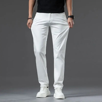 2024 New Summer Thin Men's Straight Denim Cotton Stretch Creamy-white Jeans Classic Business Pants Fashion Trousers Male Brand.