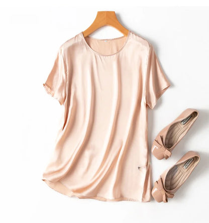 Women 100% Mulberry Silk 19 Momme half sleeve Crew Neck Top Shirt Blouse T-shirt More Colors M L XL MM4270.