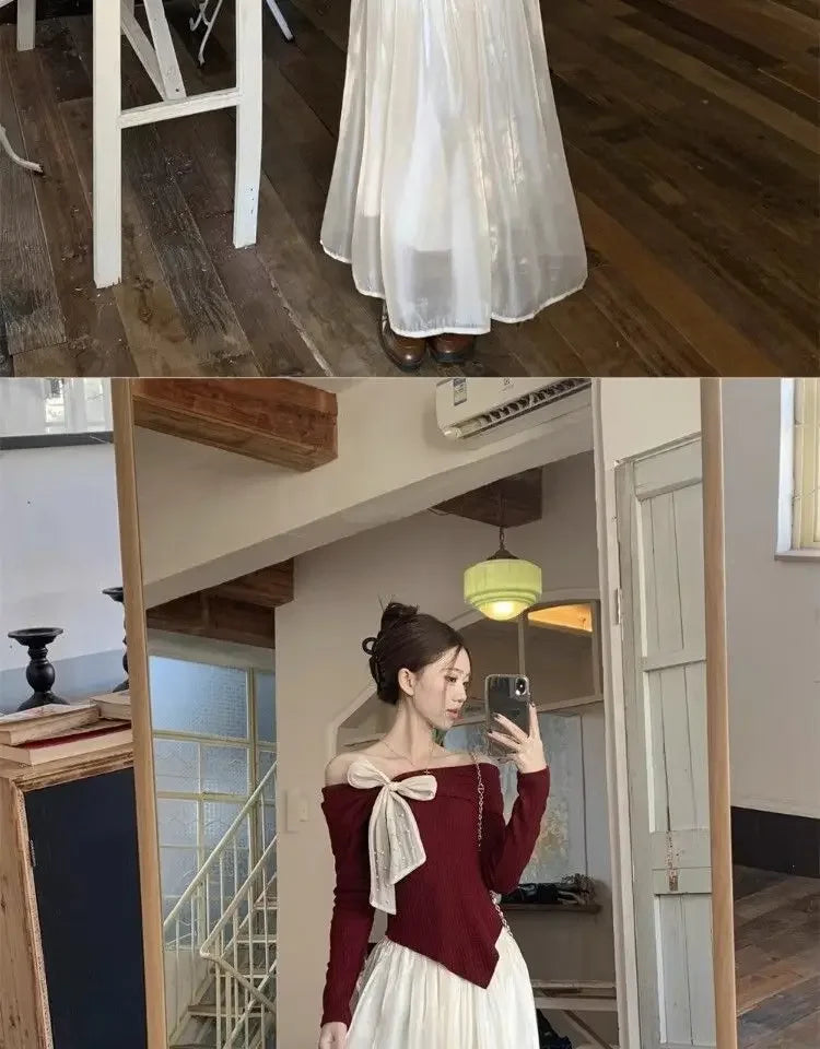 Red One-Shoulder Long-Sleeve Knitted Sweater Women's Spring New Year Slim Fit Short Top Butterfly Knot Decorated Cotton T-shirt.