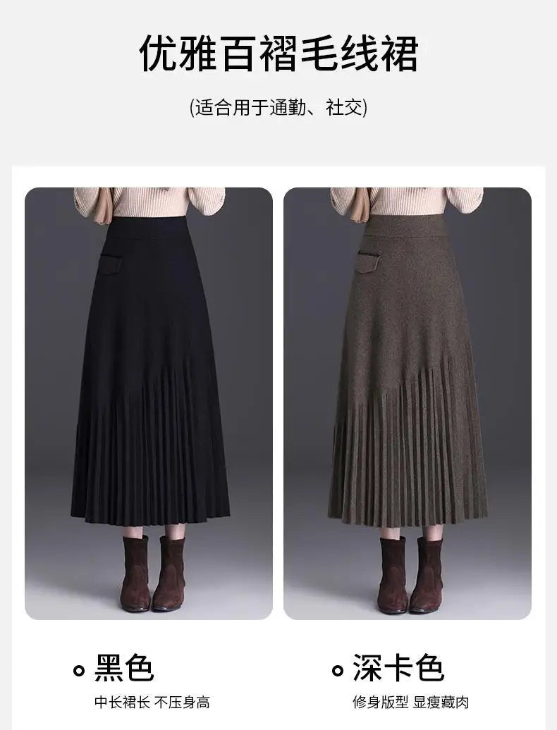Temperament Autumn Winter New Skirts Women Solid High Waist Pleated Fashion Office Lady A-line Mid-length Knitting Pleated Skirt.