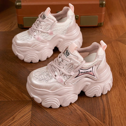 AUTUSPIN 10cm Pink Thick Soled Shoes for Summer Women Breathable Lace-up Ladies Sneakers Outdoor Casual Fashion Platform Shoes