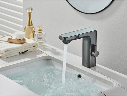 White Smart Sensor Basin Faucet Screen Digital Display Hot Cold Water Mixer Tap Touchless Vanity Sink Faucet For Bathroom