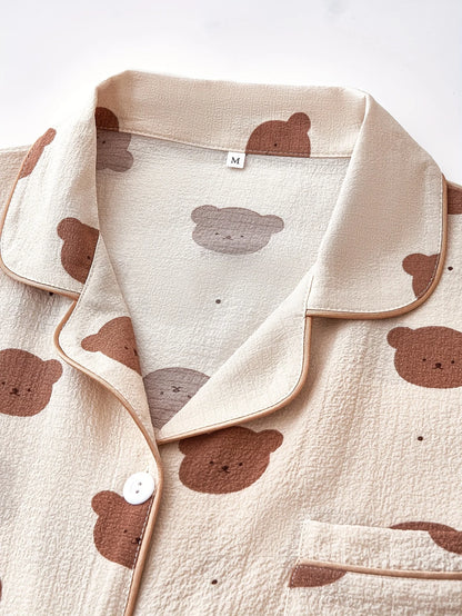 Cozy Bear Print Pajama Set for Women - Long Sleeve, Button-Up Lapel Top & Elastic Waist Pants, Machine Washable, for Autumn.