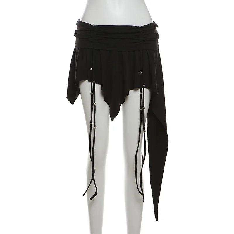 Goth Dark Mall Gothic Dropped Waist Drawstring Mini Skirt Punk Grunge Women Irregular Hem A-line Skirts Chic E-girl Techwear Y2K.