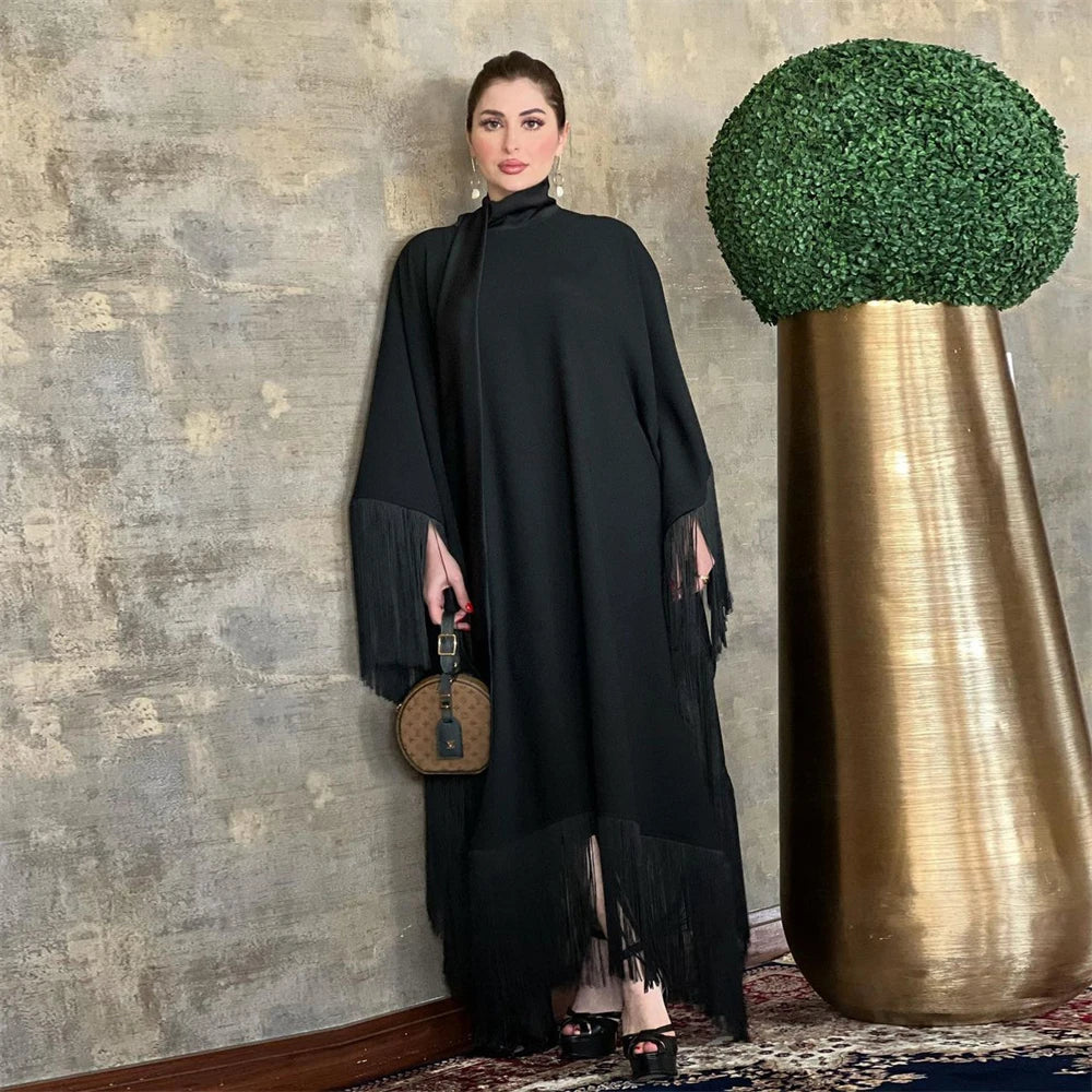 Eid Satin Luxury Green White Black Pink Khimar Tassel Butterfly Batwing Abaya For Women Islam Muslim Maxi Dress Kaftan Kebaya.