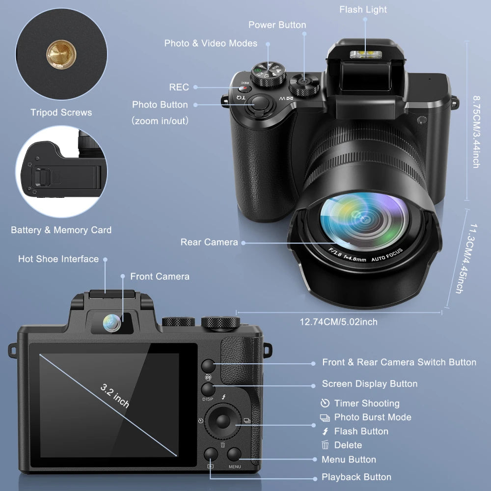 8K Digital Camera for Photography, Front And Rear Dual lens Vlogging Camera with Autofocus, WiFi Touchscreen 16X Digital Zoom.