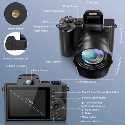 8K Digital Camera for Photography, Front And Rear Dual lens Vlogging Camera with Autofocus, WiFi Touchscreen 16X Digital Zoom.