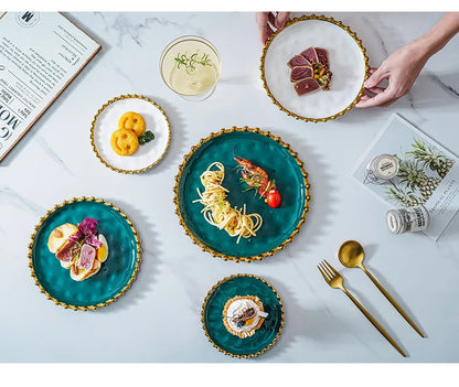 Nordic Ins Style Golden Edge Bead Plate Western Food Steak Plate Home Network Red Dish Creative Tableware Plate Breakfast Salad.