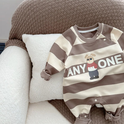Ins 2024 Frühling Herbst Baby Jungen Bodysuit Baumwolle gestreiften Cartoon gedruckt Langarm Kleinkind Jungen Stram pler Neugeborene Jungen Outfits.