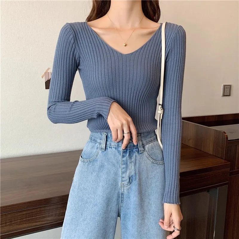 2025 einfarbig Schlank Pullover Koreanische Herbst Winter V-ausschnitt Pullover Mode Lässig Langarm Gestrickte Pullover Frauen Kleidung
