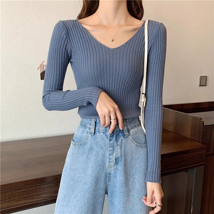 2025 einfarbig Schlank Pullover Koreanische Herbst Winter V-ausschnitt Pullover Mode Lässig Langarm Gestrickte Pullover Frauen Kleidung