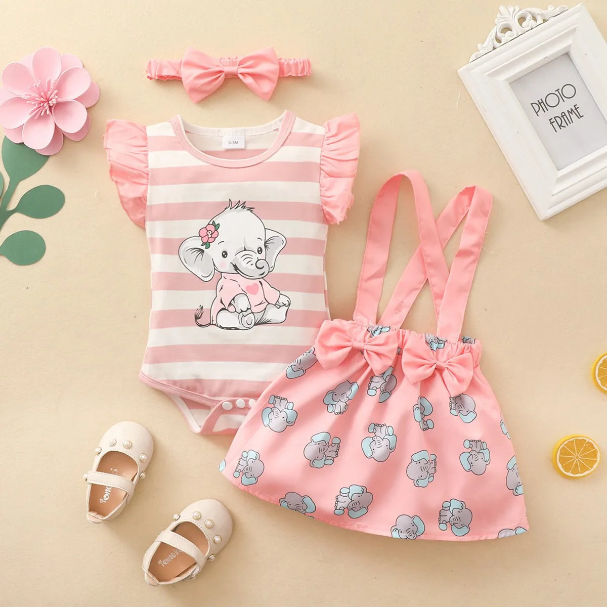 Prowow Günstige Preis Kleidung Baby Mädchen Outfits Set Niedlichen Elefanten Body und Hosenträger Kleid 3 stücke Neugeborene Geburt Set Kleidung