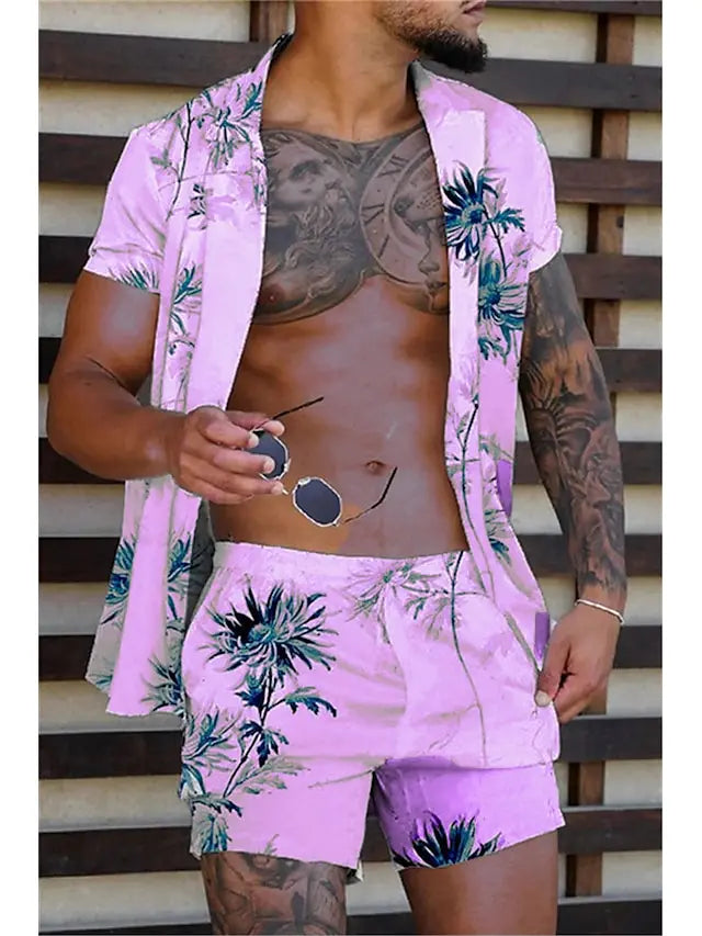 Hawaiian Plants Multicolor Print Men's Shirt and Shorts Two Piece Set Casual Vacation Men's Shirt Set Short Sleeve Button Shirt.