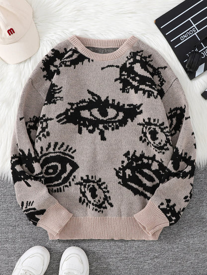 New Popular Autumn and Winter Abstract Eye Jacquard Pattern Pullover Sweater Casual Round Neck Knitted Men's Pullover.