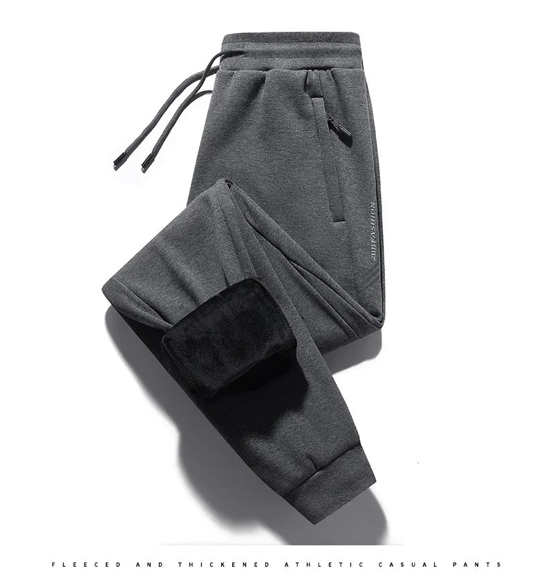 Herbst/Winter Fleece-gefütterte Herren-Hose mit Reißverschluss, warmes Fuß, Freizeithose, Übergröße, lockere Passform, gerade Bein-Jogginghose, trendig