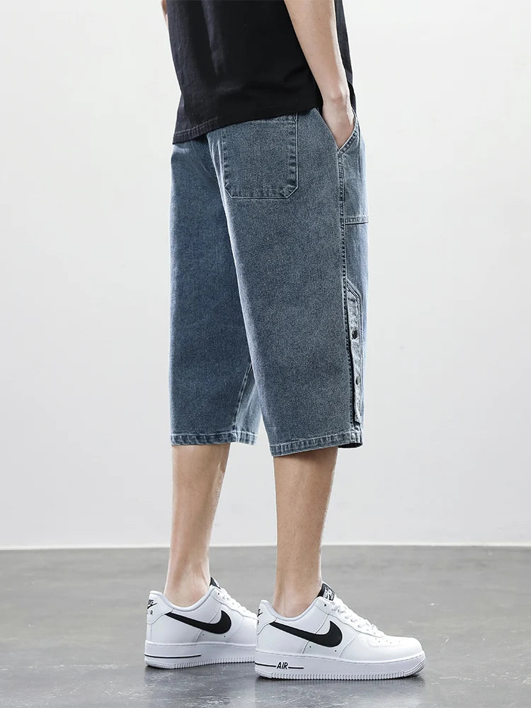 Summer Men's Jeans Denim Breeches Calf-Length Casual Shorts Washed Cotton Drawstring Straight Capris Pants Big Size 8XL.