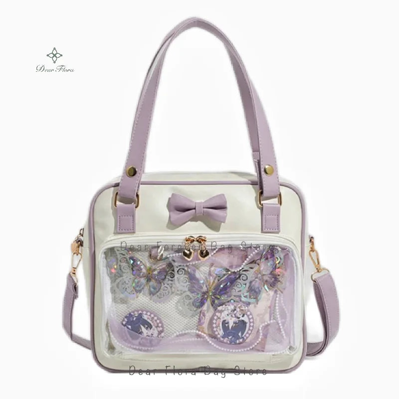 Y2K Cute Bow Ita Bag Girl Transparent Messenger Bag Women Fashion Shoulder Crossbody Bag Ladys DIY Badge Tote Bag Lolita Handbag