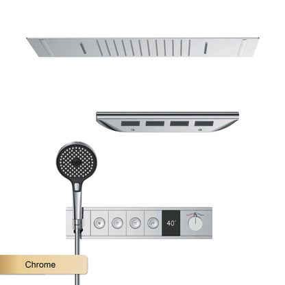 Deckenmontiertes thermostatisches LED-Digitalanzeige-Duschsystem. Eingebetteter Badmischer aus Messing im Wasserfallstil für heißes und kaltes Wasser