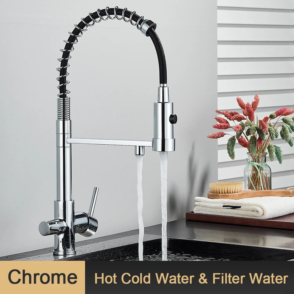 Filter Kitchen Faucet 2 In 1 Pull Down 360° Flexible Drinking Pure Water Purification Faucets Brass Hot Cold Water Mixer Tap