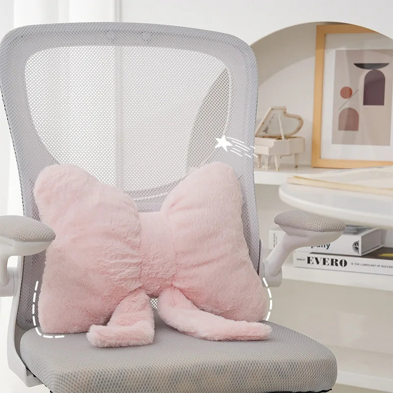 Pink bow ribbon couch pillow imitation rabbit fur comfortable car seat cushion ins style simple all-match back cushion.