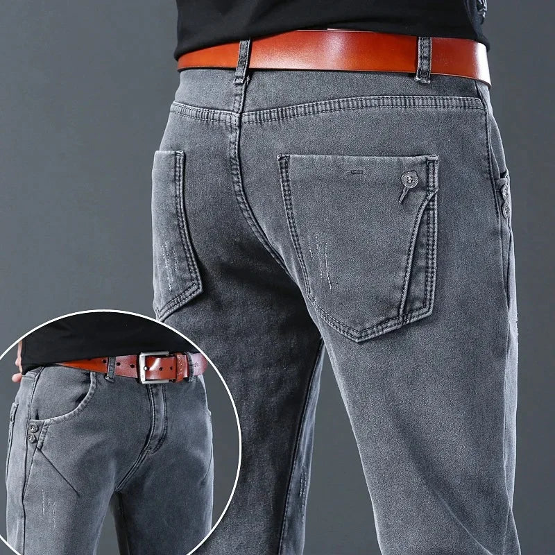 Winter Hot Sale Of The Season Trendy Stretchy Fleece Lined Thick Denim Mid Waist Fashionable Casual Warm Long Pants Men's Jeans