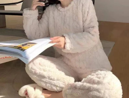 Herbst Winter Lose Süße Casual Pyjamas frauen Set Dicke Fleece Wolle Langarm Top Hause Elastische Taille Lange Hosen Hosen.