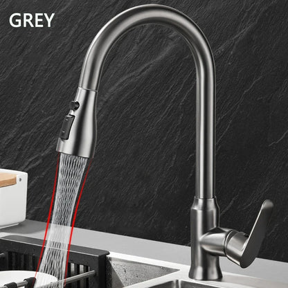 Kitchen faucet pull-out spray head 360 degree rotation hot and cold water pull-out black and silver single hole kitchen faucet