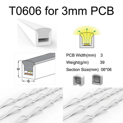 LED Silicone Neon Tube T0511 T0513 T0515 T0308 Flexible Protection Cover Transparent Matte Black Milky For 6-12mm WS2812  Strip.
