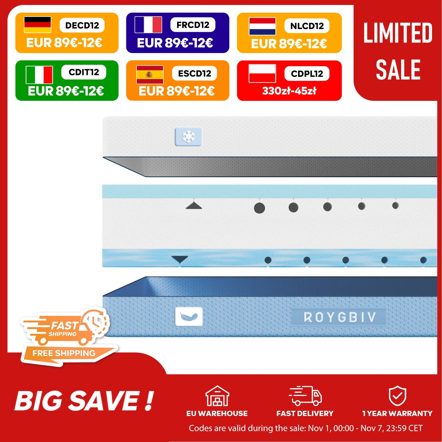 Komfortschaummatratze 18 cm, wendbar, Memory-Schaum, kühlender Bezug, Härte H3/H4, 18 cm hoch, 7-Zonen Unterstützung