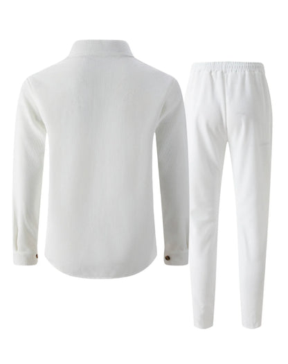 2025 Men's Autumn Casual Street Sport Two-Piece Fashion Solid Color Double-Pocket Collar Buttoned Long-Sleeved Shirt + Pants Set.