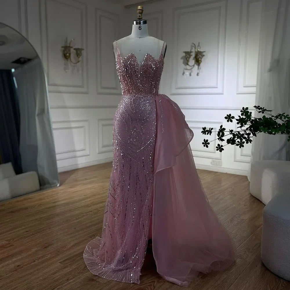 SERENE HILL Maßgeschneiderte 2025, türkisfarbene Spaghettiträger, luxuriöse Perlen-Abendkleider, Meerjungfrau, Schlitz, Überrock, Party, GLA 72378