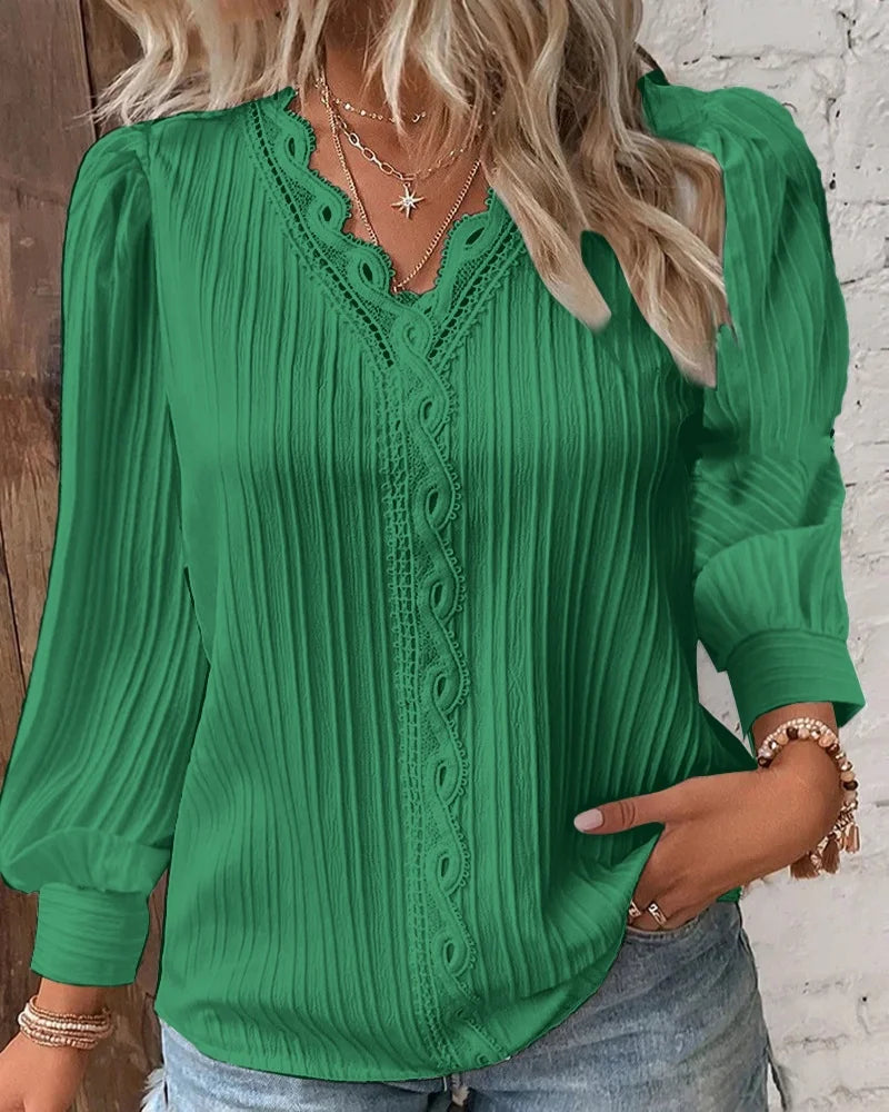 Elegant Summer Hollow Lace Patchwork Women Shirt Chic Blouse V Neck Long Sleeve Shirt Plain Lace Casual Basic Regular Tops.