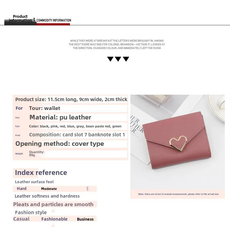 Korean version women wallet short heart-shaped three fold women's wallet multi card slot card bag zero wallet  purses for women.