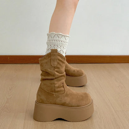 Chunky Platform Thick Sole Woman Ankle Boots Design Round Toe Slip On Shoes  2025 Autumn Winter Short Botas Para Mujer.