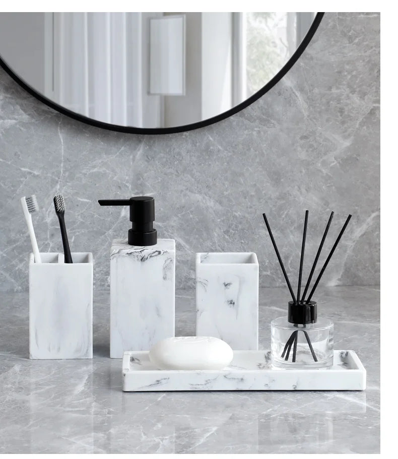Bathroom Accessories Complete Marble Pattern Lotion Soap Dispenser,Toothbrush Holder,Tumbler,Tray Resin material Black white.