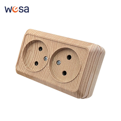 Holzfarbe, Wandoberfläche, 2-Steckdosen, Stecker, EU-Außensteckdosen mit Erdung, Steckdose für den Außenbereich, flammhemmender Kunststoff