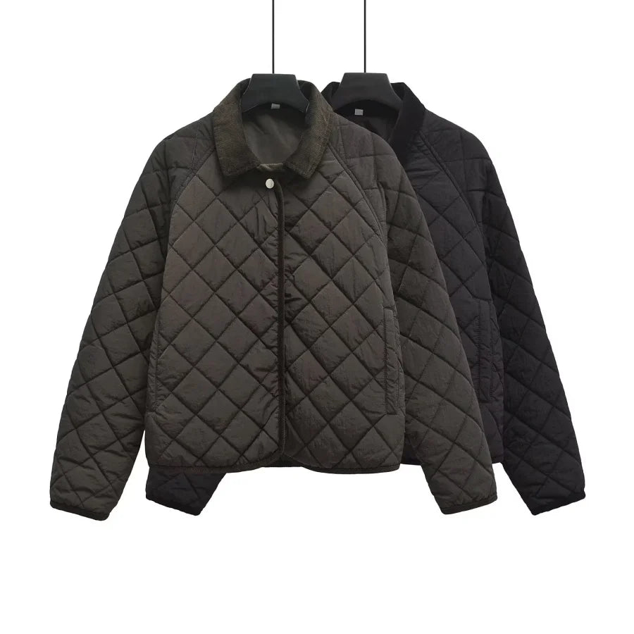 Women's Quilted Jacket with Padded Lining Model ETJ 2025 - Casual and Simple Diamond Quilted Short Puffer Jacket with Collar.
