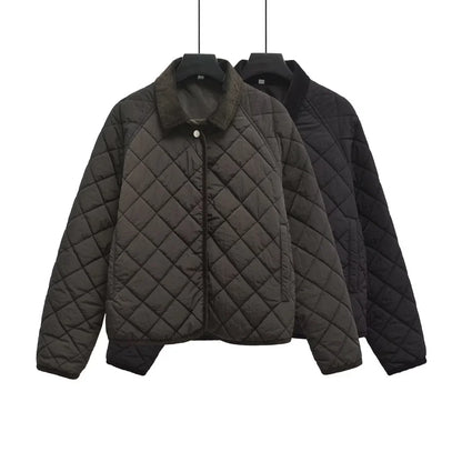 Women's Quilted Jacket with Padded Lining Model ETJ 2025 - Casual and Simple Diamond Quilted Short Puffer Jacket with Collar.