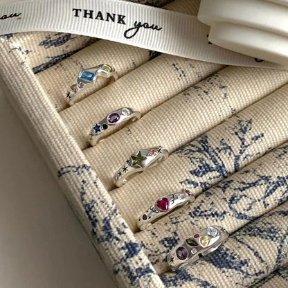 925 Sterling Silver Simple Colorful Heart Stone RingsFor Women Geometric Fashion Smiple Open Handmade Allergy Party Jewelry Gift.