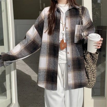 Zjaiss Women Thick Woolen Plaid Blouse Loose Long Sleeved Tops 2025 Autumn Winter New Casual Shirt Long Shirts