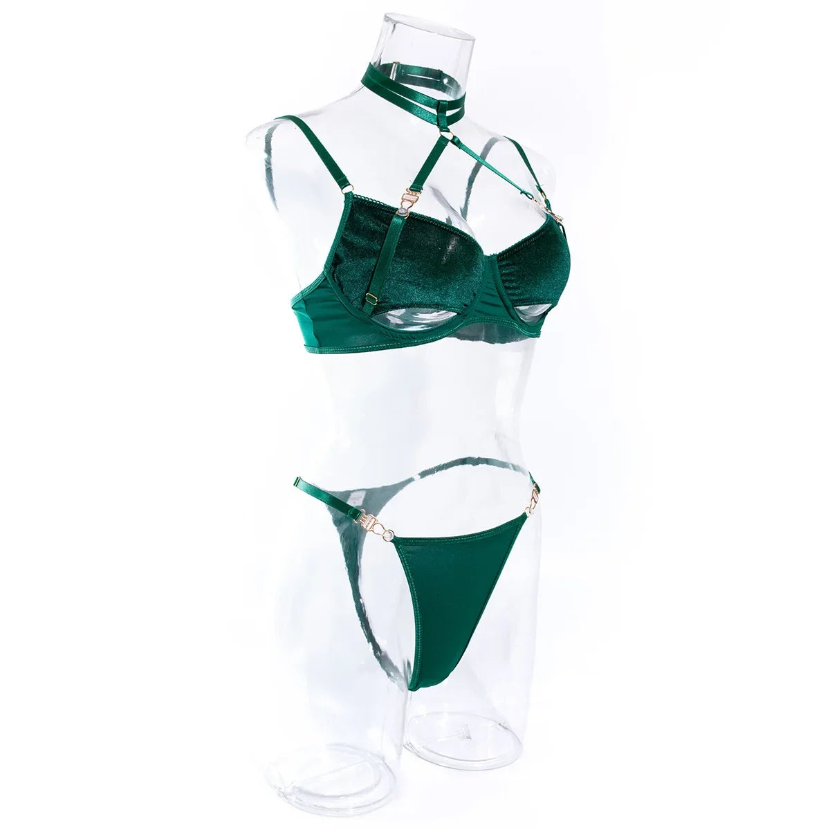 Cut Out Bra and Brief Velvet Erotic Set Women 2-Piece Halter Underwear Patchwork Thong Intimates Sexy Lingerie Pornos Suit Latex