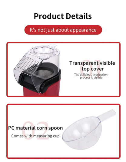 Electric Portable Popcorn Maker Fully Automatic Home Popcorn Popper Hot Air Popcorn Machine Healthy No Oil Mini Popcorn Maker.