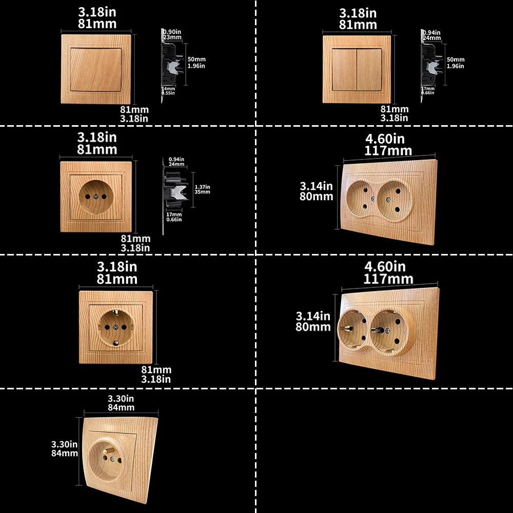 WESA Holzsteckdose, 16 A, EU-Standard, Steckdose, nicht geschliffen, 86 mm x 86 mm, flammhemmende Kunststoffplatten-Wandsteckdose.