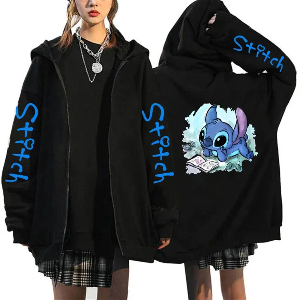 Men's and women's Lilo Stitch hooded jackets, Bonita Harajuku anime, cartoon Gothic streetwear, women's zippered sweaters.