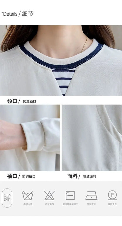 Apricot Round Neck Patch Long Sleeve Sweatshirt Women Loose Comfort Casual Design Fashion Top.