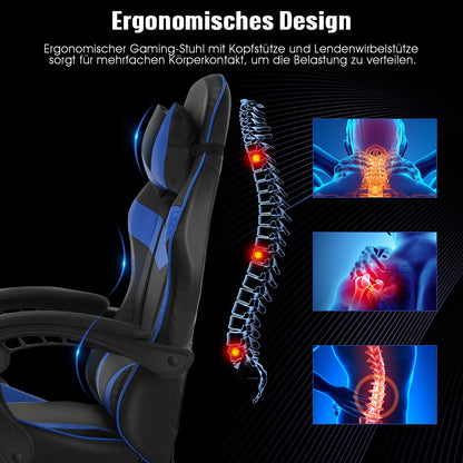 Bürostuhl Ergonomisch Gaming Stuhl Massage Gaming Sessel mit Kopfstütze Massage-Lendenkissen, Gepolstert Gaming Chair, Drehsessel,150kg Kapazität,Schwarz  Blau