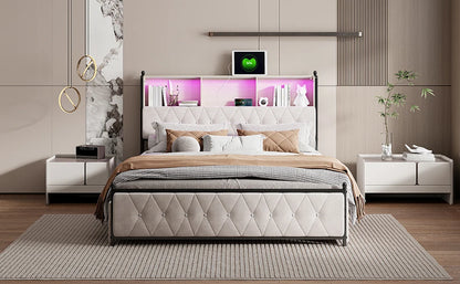 Lazyspace Bettgestell 160 x 200 cm, gepolstertes Bett mit Schubladen und 2 Ladeanschlüssen, Doppelbett mit LED-Kopfteil, ohne Matratze