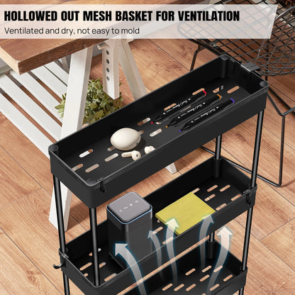 DayPlus 4-stufiger Aufbewahrungswagen, ausziehbarer, schlanker, rollender Mehrzweckwagen, multifunktionaler Badezimmerwagen aus Metall auf Rädern